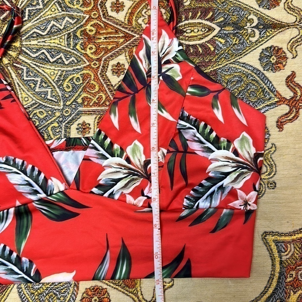 TROPICAL Two Piece Skirt Set Red Size Large Palm Print Lillies Summer - Picture 12 of 16